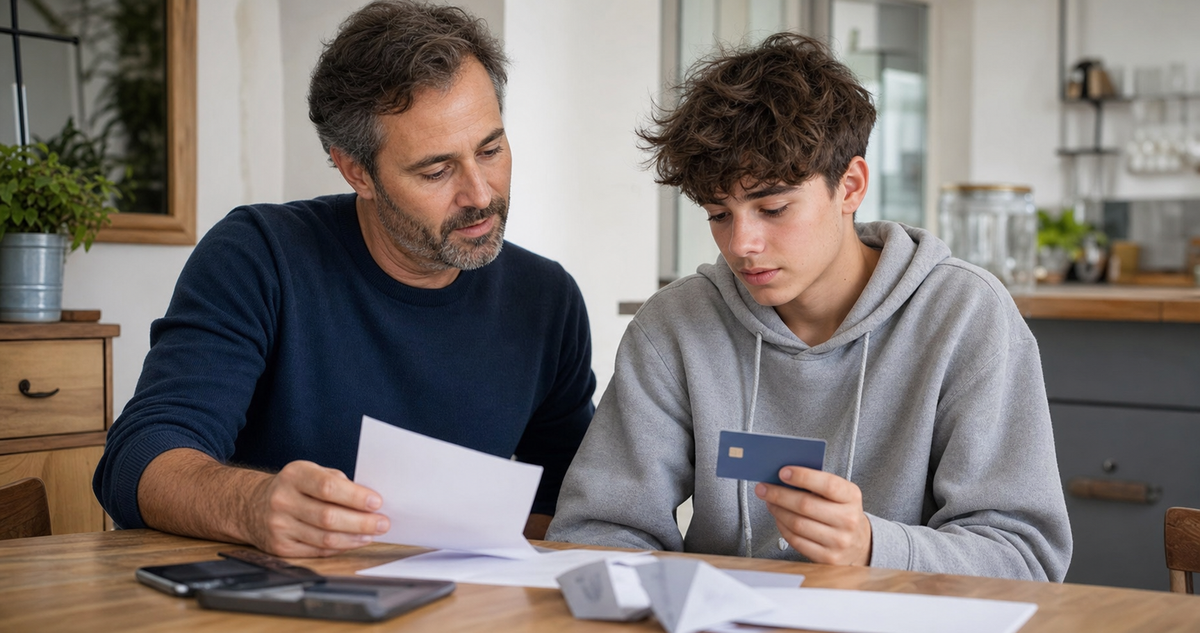 Parent et adolescent verifiant une premiere carte bancaire et des documents a domicile dans une scene editoriale photojournalistique realiste