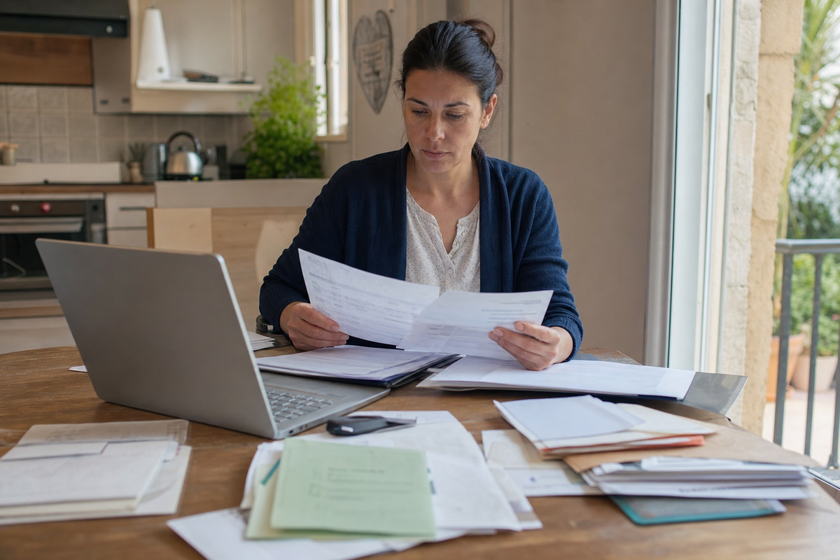 Photojournalistic scene in France: an adult customer sorting old bank statements and paper folders at a kitchen table beside a laptop, natural daylight, documentary style.
