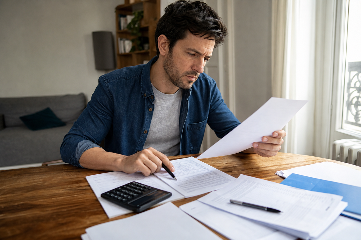 Personne examinant une offre de crédit à la consommation avec échéancier, calculatrice et documents sur une table, dans une scène photojournalistique réaliste en France.