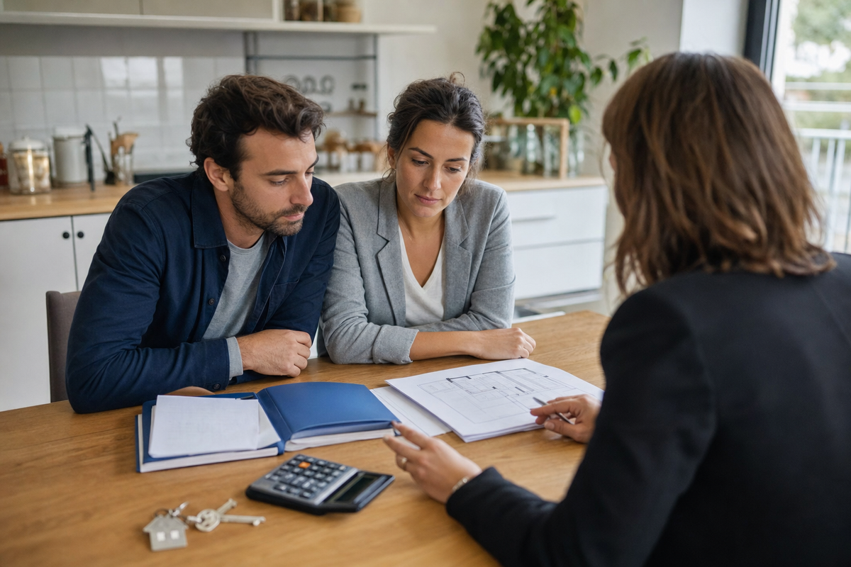 Couple examinant un dossier de prêt immobilier avec une conseillère et des clés sur une table