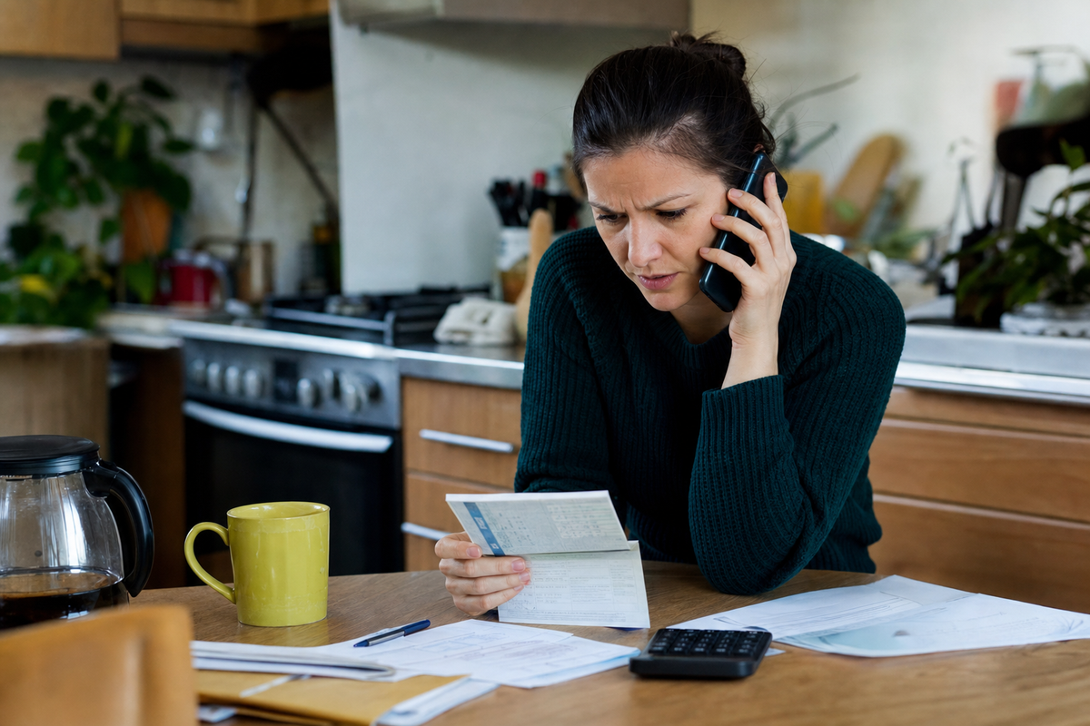 Une personne appelle sa banque dans sa cuisine tout en vérifiant un chéquier et des documents bancaires sur une table, scène réaliste en France sans texte lisible.