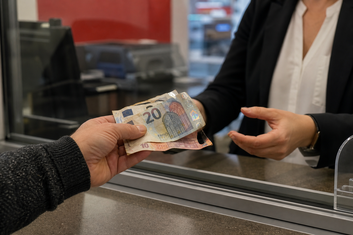 Personne manipulant des billets en euros legerement abimes devant un comptoir de service