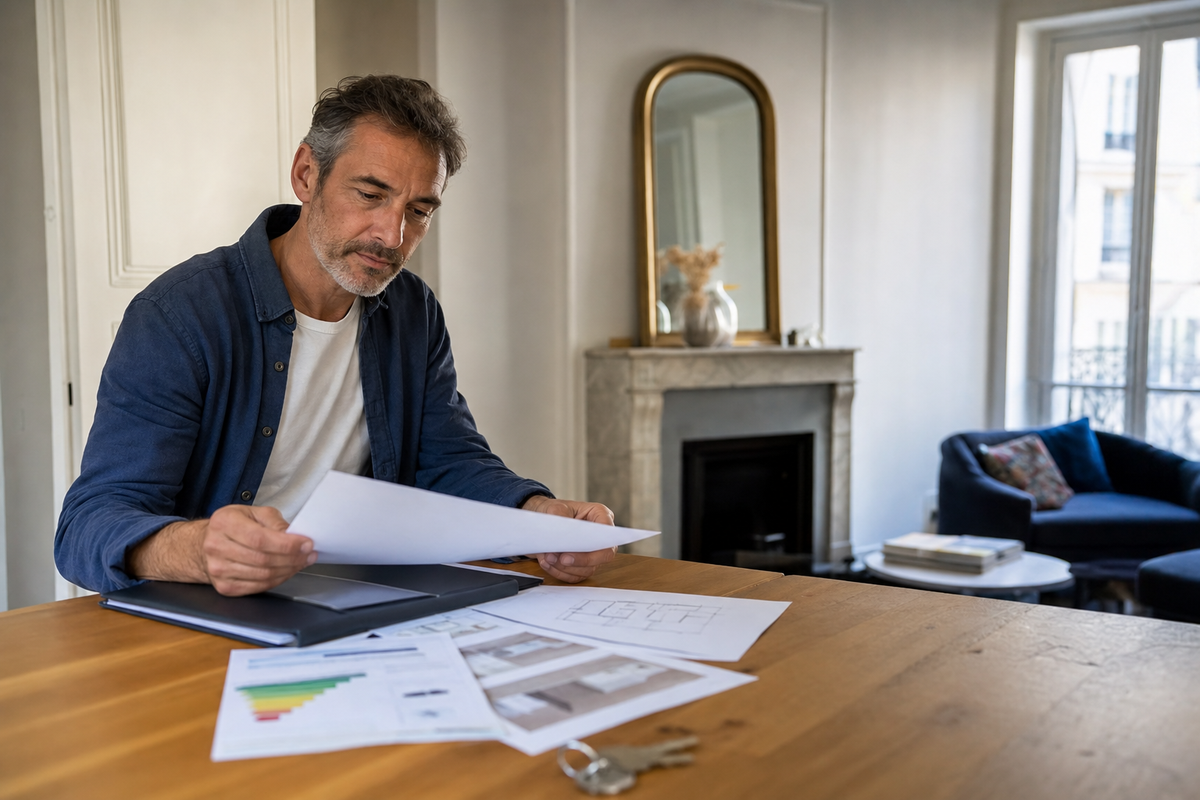 Proprietaire bailleur consultant un dossier de location sur une table avec cles et documents