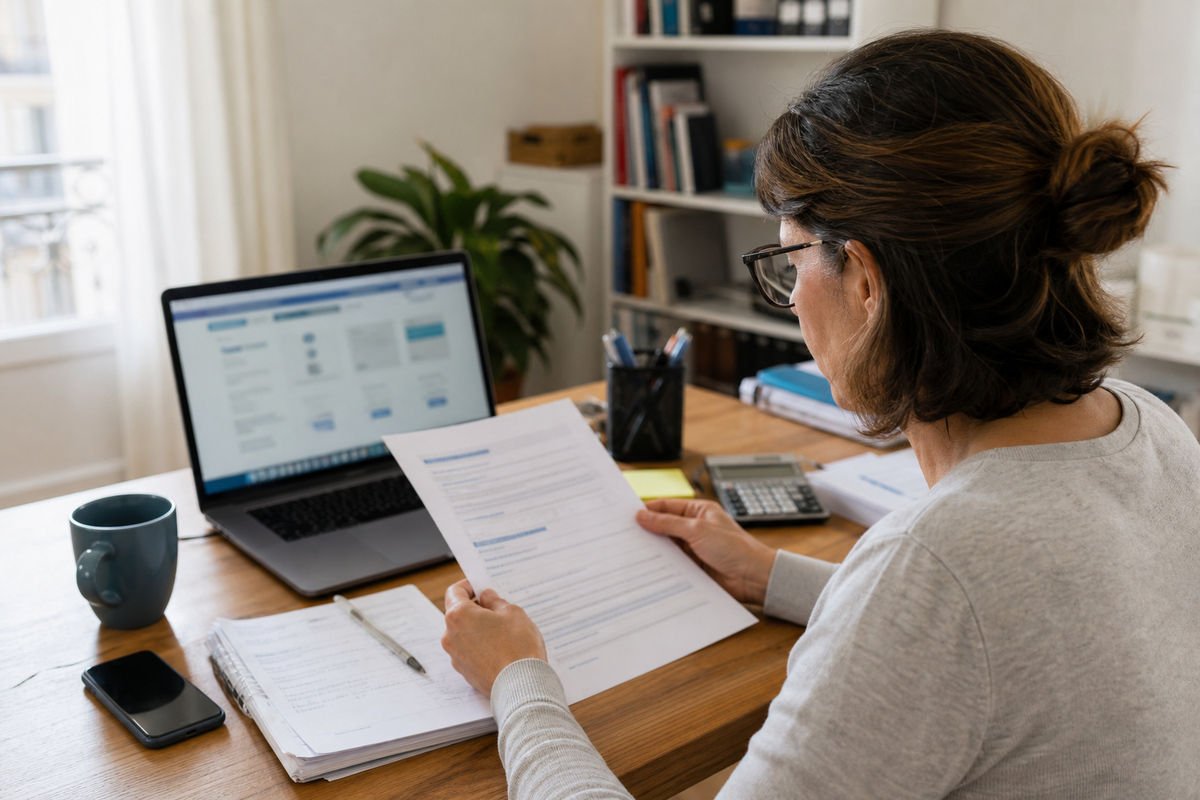 Consommatrice consultant une offre financiere en ligne sur ordinateur avec smartphone a cote