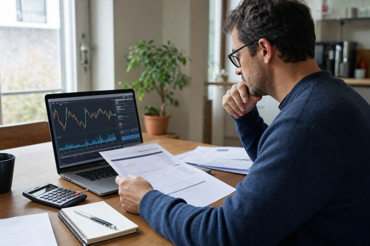 Particulier en France vérifiant l'exécution d'un ordre de bourse sur un ordinateur portable avec relevé, carnet de notes et calculatrice sur une table, dans une scène photojournalistique réaliste.