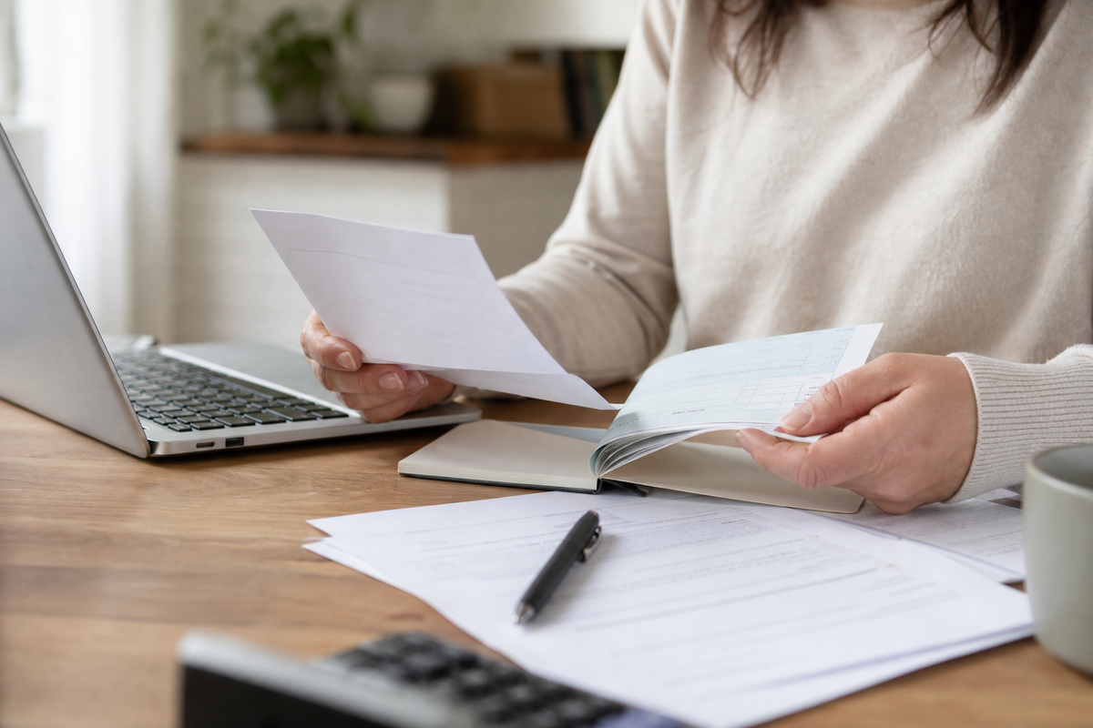 Photojournalistic scene in France: an adult reviewing cheque papers and a cheque book beside a laptop while preparing a stop-payment request, natural daylight, documentary style.