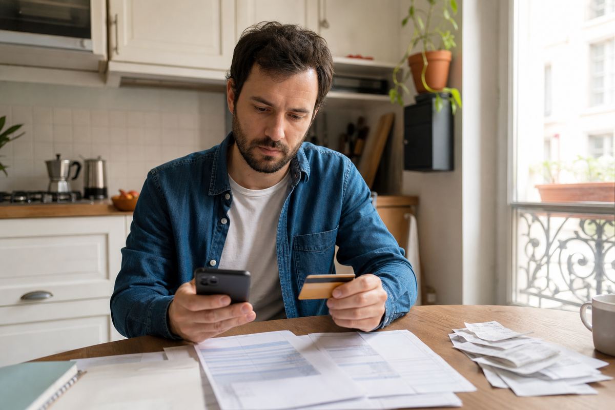 Une personne examine des releves, une carte bancaire et des documents administratifs a une table, scene realiste en France sans texte lisible.
