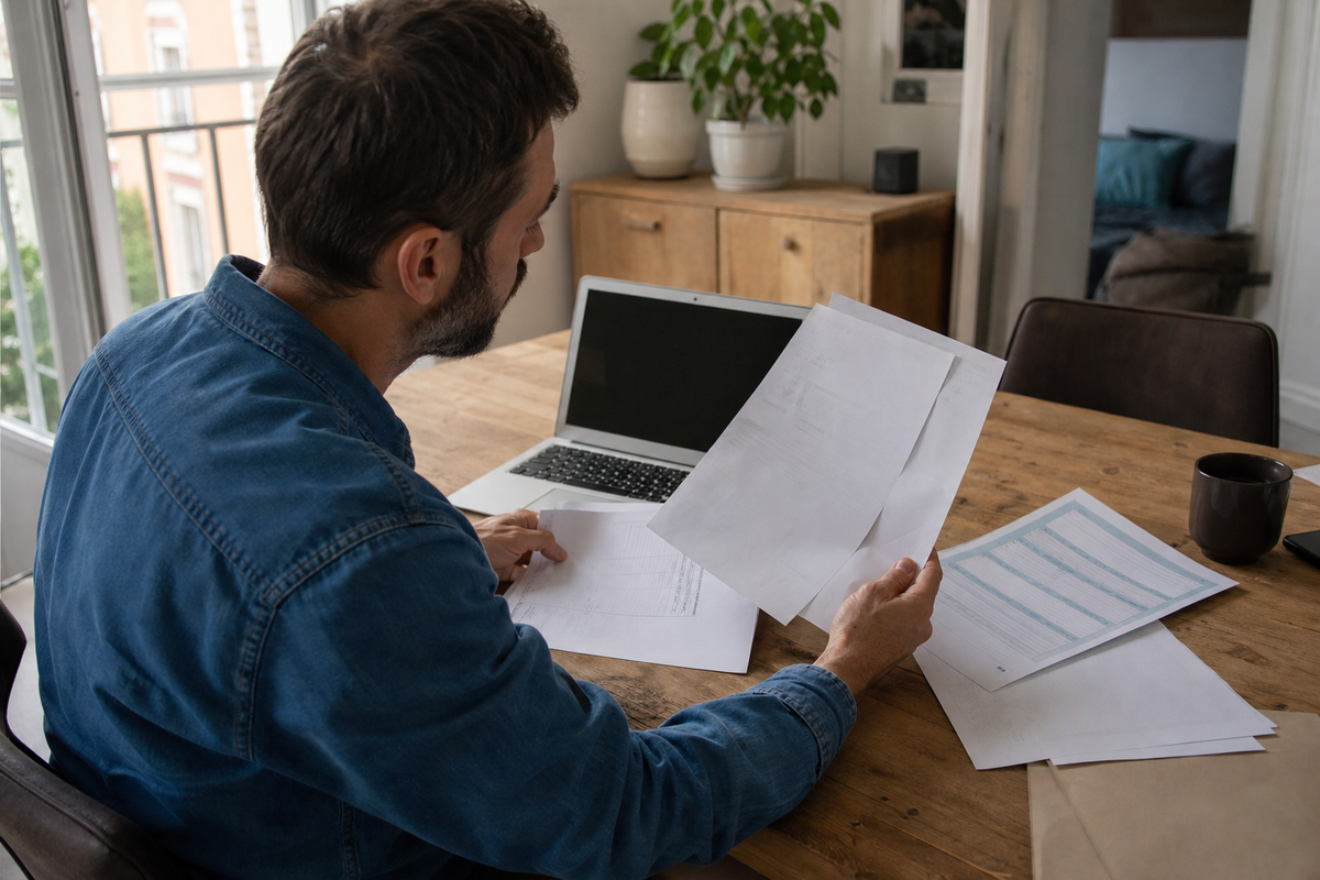 Consommateur vérifiant des documents de financement et de livraison sur une table dans un appartement en France, scène photojournalistique réaliste.