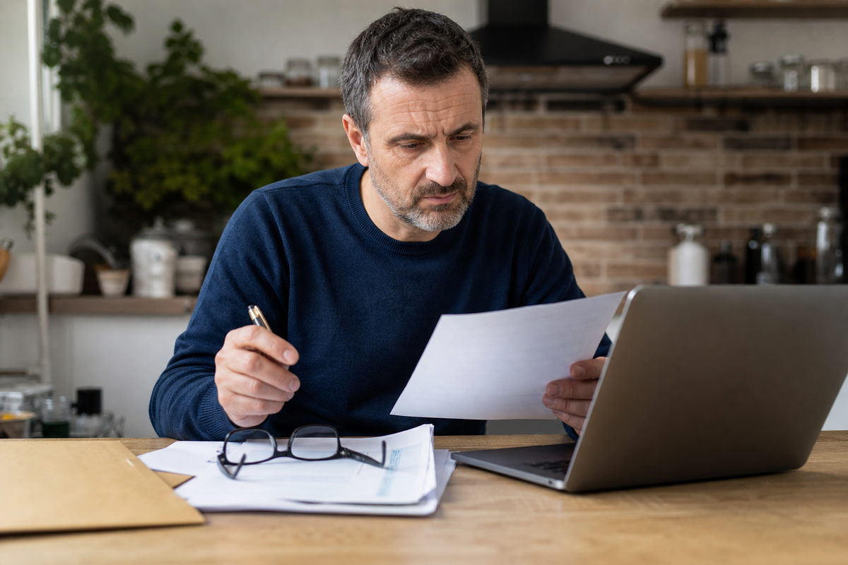 Personne relisant des documents d'epargne retraite devant un ordinateur portable dans une cuisine, scene editoriale realiste