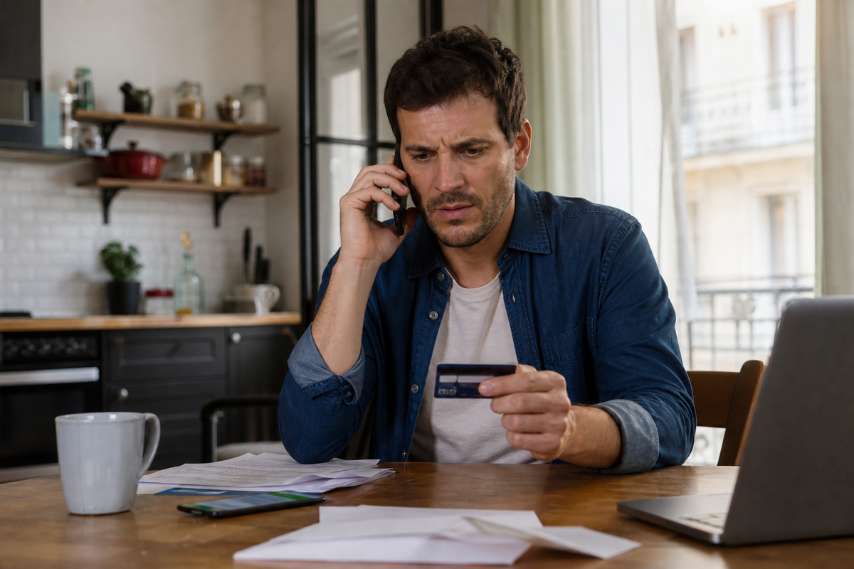 Une personne en France recoit un appel telephonique suspect devant son application bancaire ouverte sur un smartphone, avec des documents bancaires sur une table, scene realiste sans texte lisible.