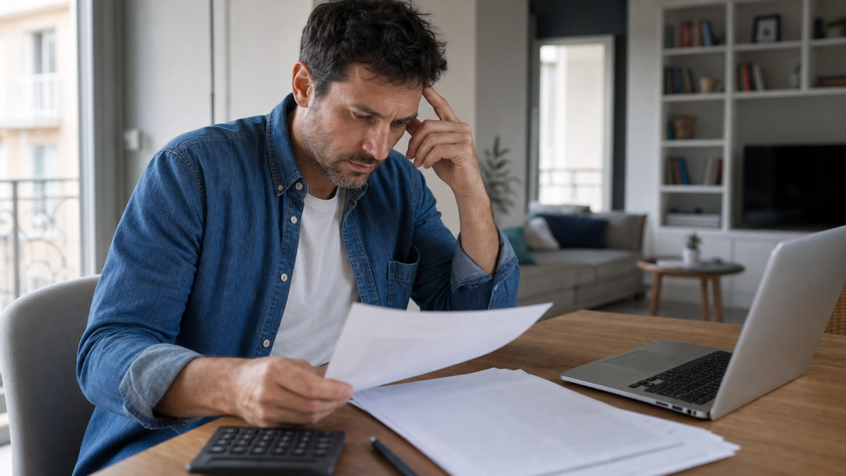 Emprunteur consultant un echeancier de pret a domicile