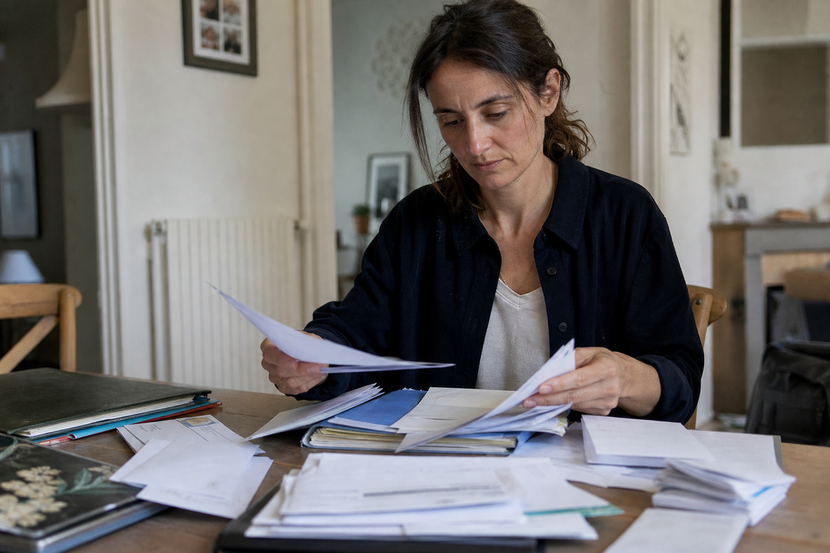 Particulier triant des relevés bancaires et avis d'impôt sur une table à domicile