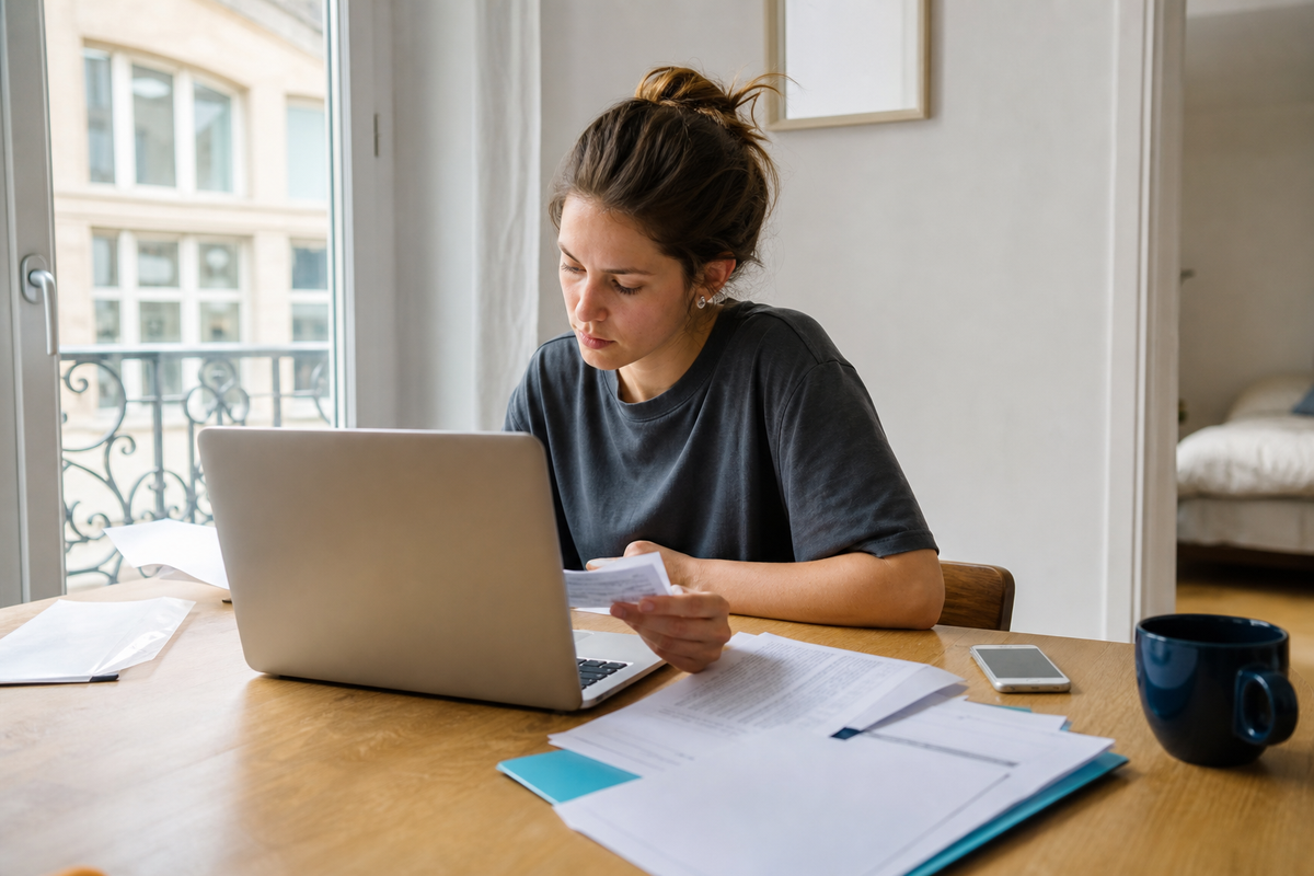 Jeune locataire préparant un dossier de location numérique sur ordinateur dans un appartement lumineux