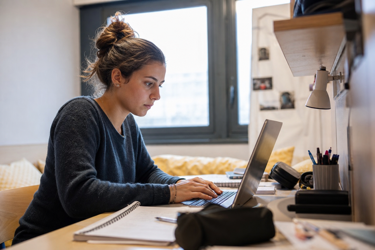 Étudiante préparant une demande de logement sur ordinateur dans une chambre avec des documents administratifs