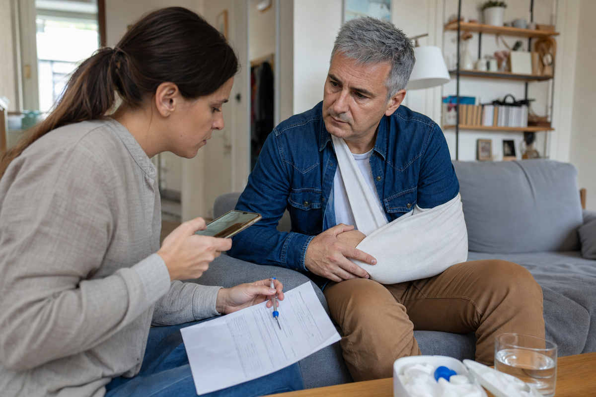Deux adultes dans un logement, l'un venant de subir un accident domestique mineur, pendant la preparation d'une declaration d'assurance