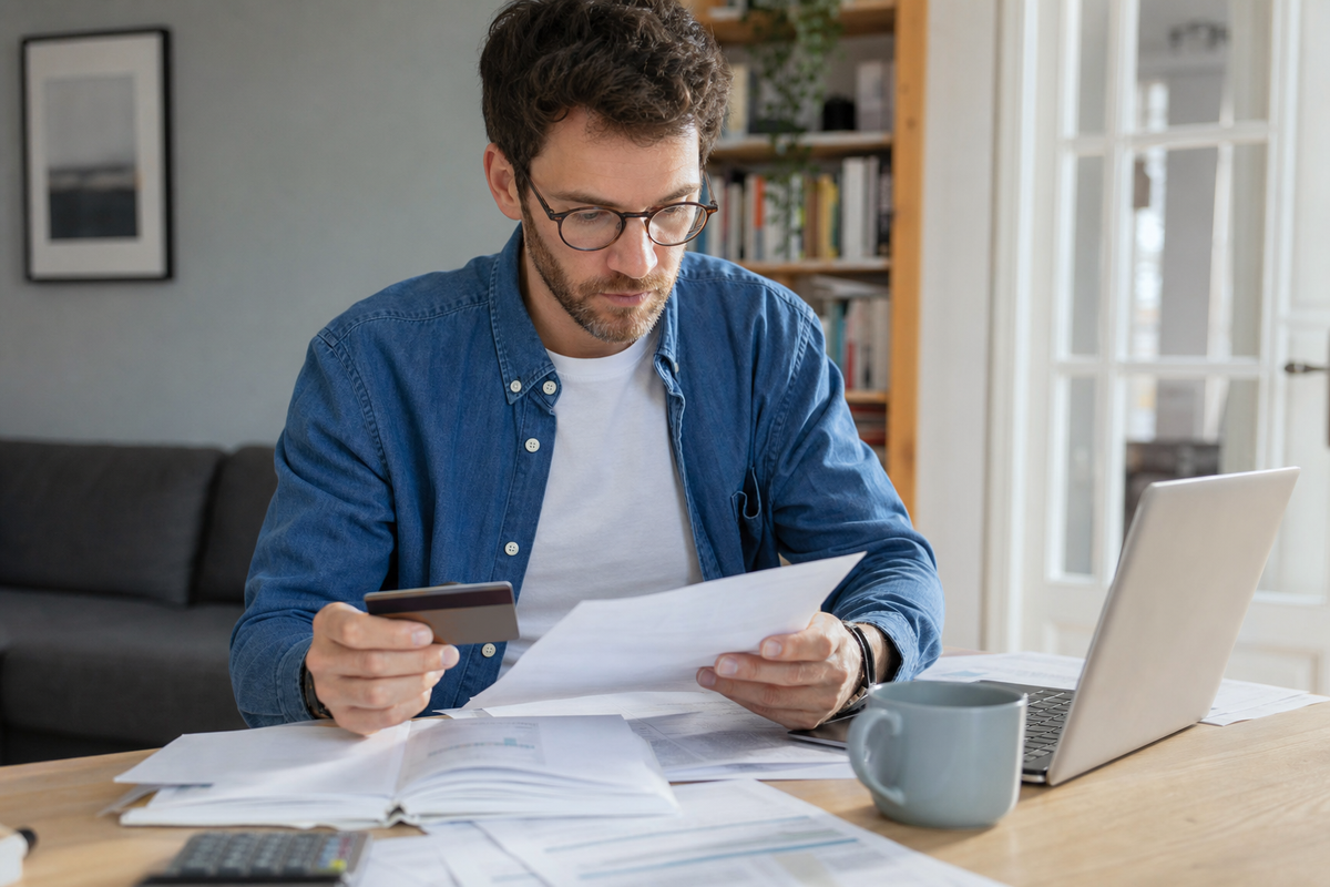 Une personne relit un contrat bancaire, une carte de paiement et des releves sur une table, scene photojournalistique realiste en France sans texte lisible.