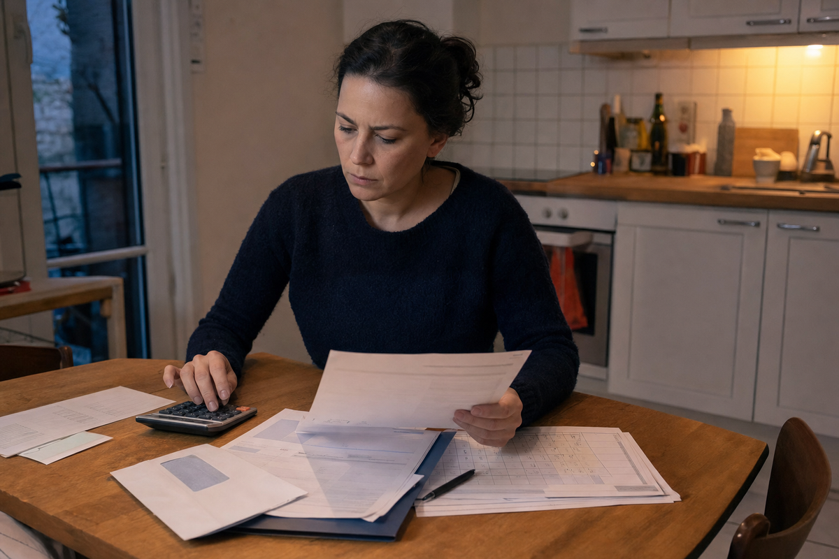 Personne relisant des documents de credit a la consommation et un echeancier a une table de cuisine, dans une scene photojournalistique realiste en France.