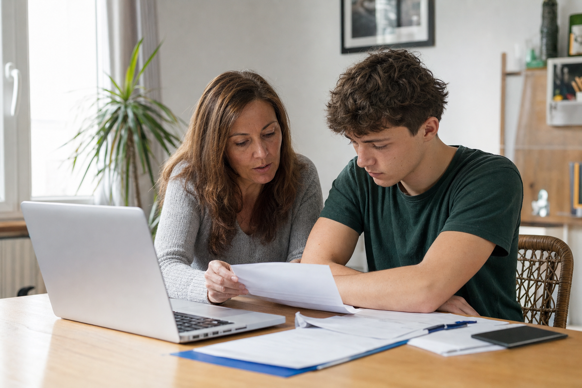 Photo editoriale photorealiste d'un jeune adulte et d'un parent qui examinent des documents d'epargne sur une table avec un ordinateur portable.