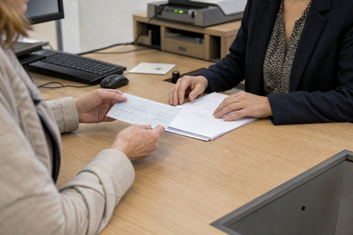 Remise d un chèque au guichet d une banque en France