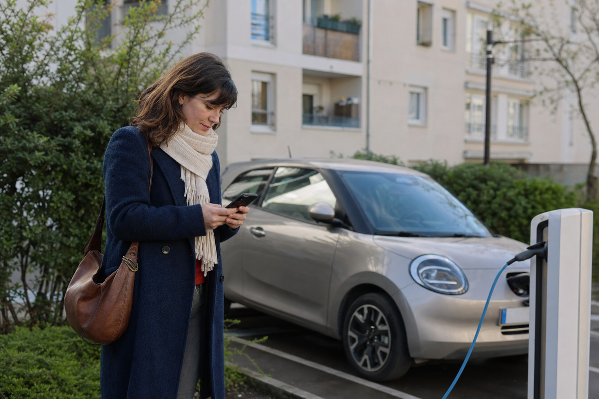 Particulière consultant une offre de leasing près d'une voiture électrique en recharge