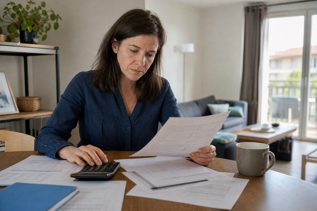 Locataire consultant un avis de loyer et des documents de budget à domicile