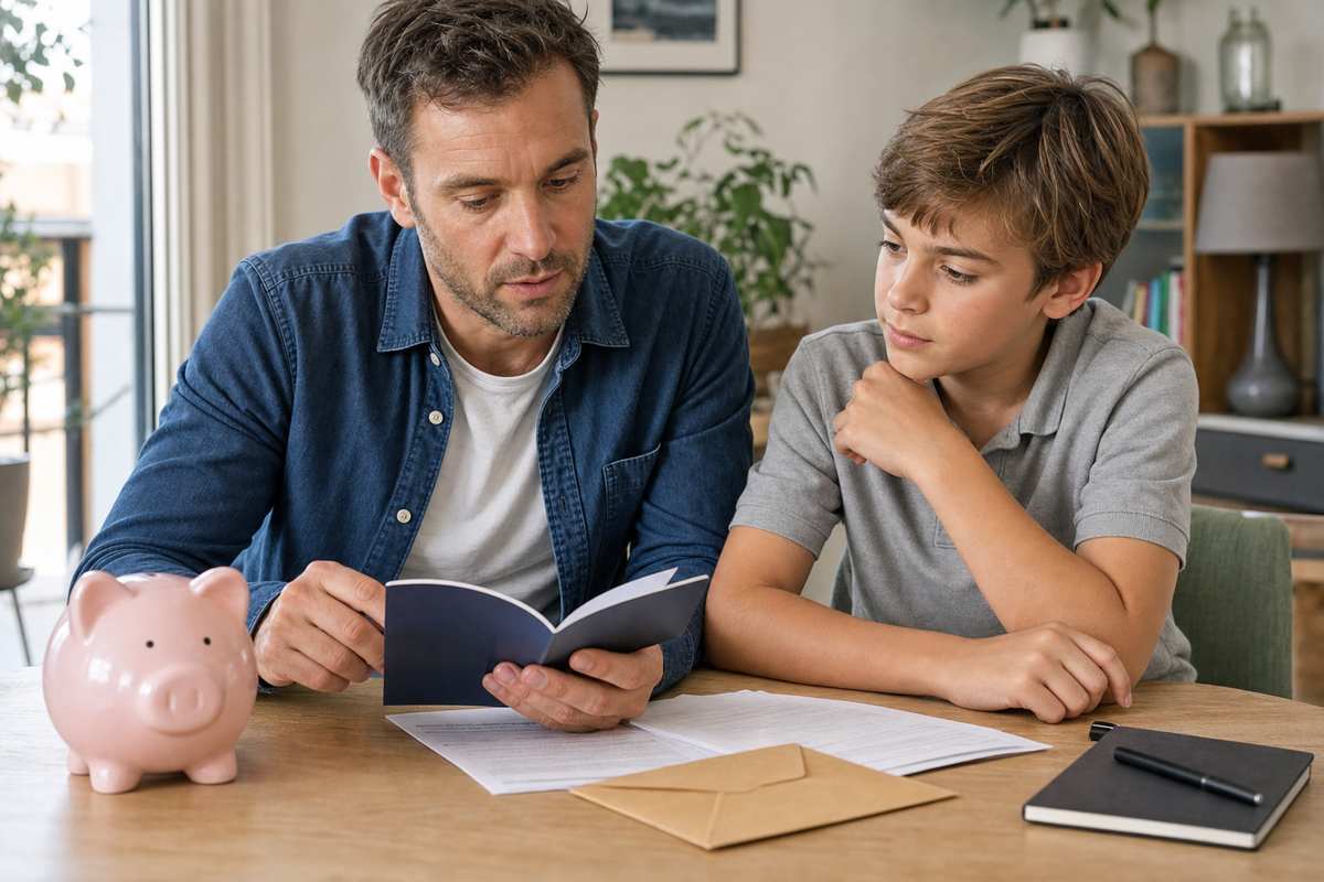 Parent et enfant mineur relisant ensemble un livret d'epargne et des documents administratifs a une table dans un appartement en France