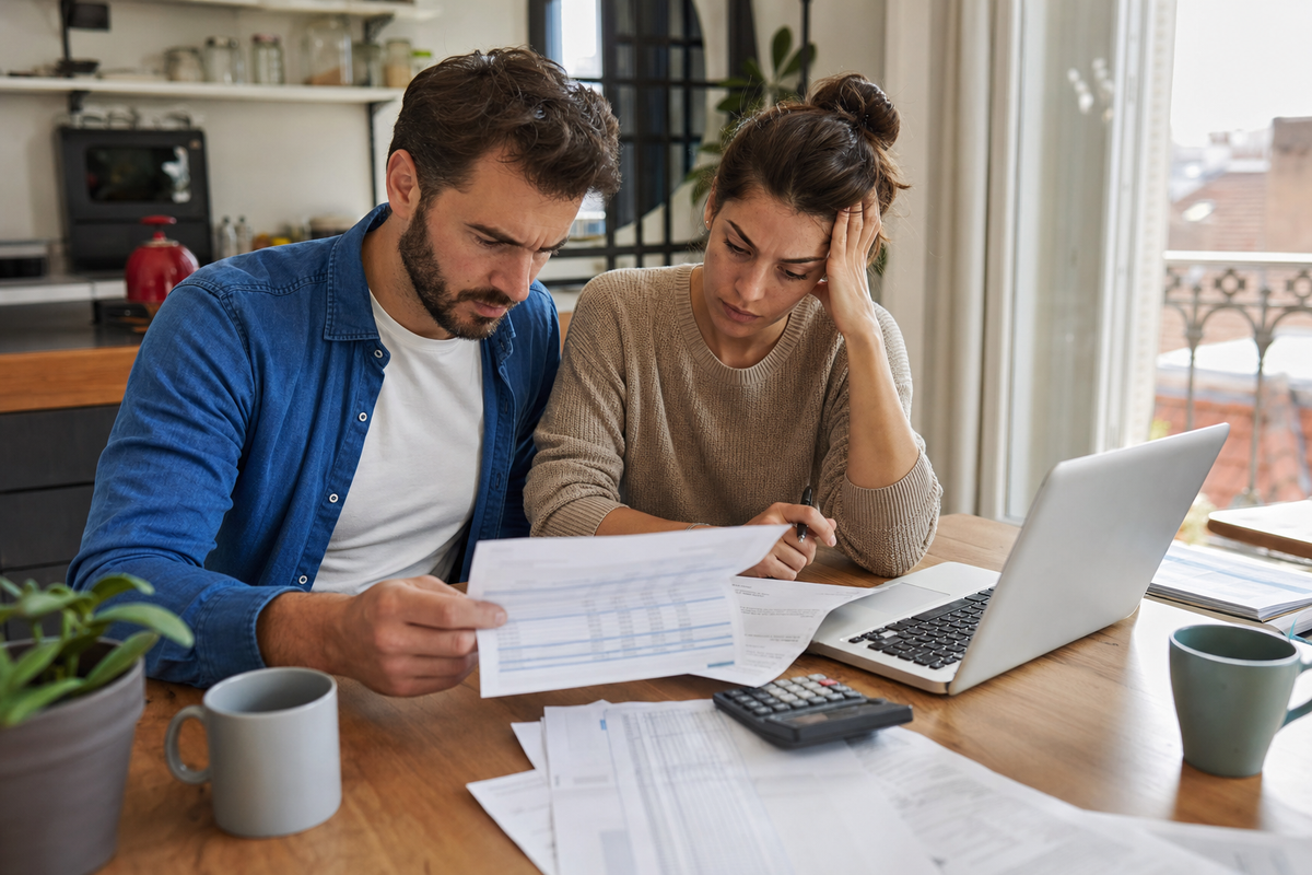 Couple examinant un dossier de crédit immobilier avec ordinateur portable et calculatrice