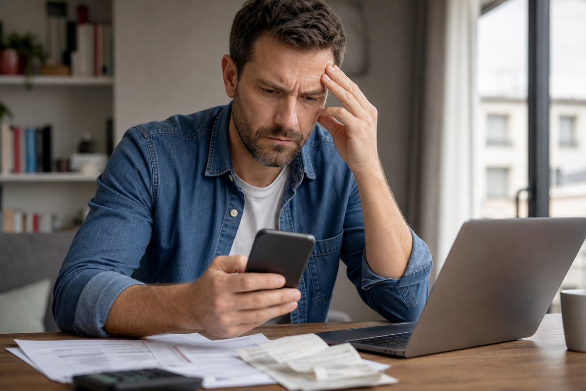 Personne inquiete consultant un SMS suspect sur son smartphone devant un ordinateur portable et des papiers bancaires, dans une scene realiste eclairee par une lumiere naturelle.