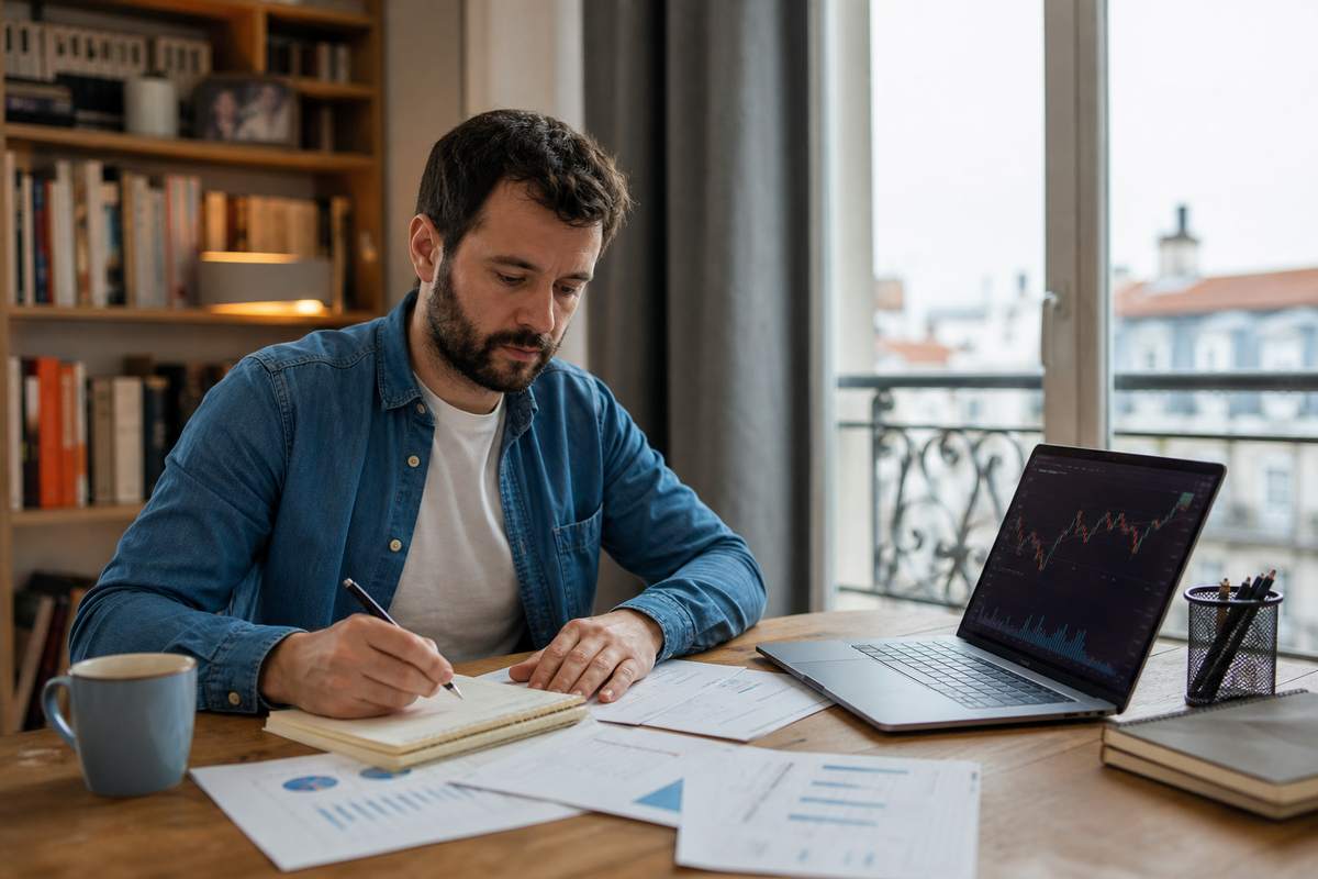 Investisseuse relisant des documents d'actionnaire a son bureau avant une assemblee generale