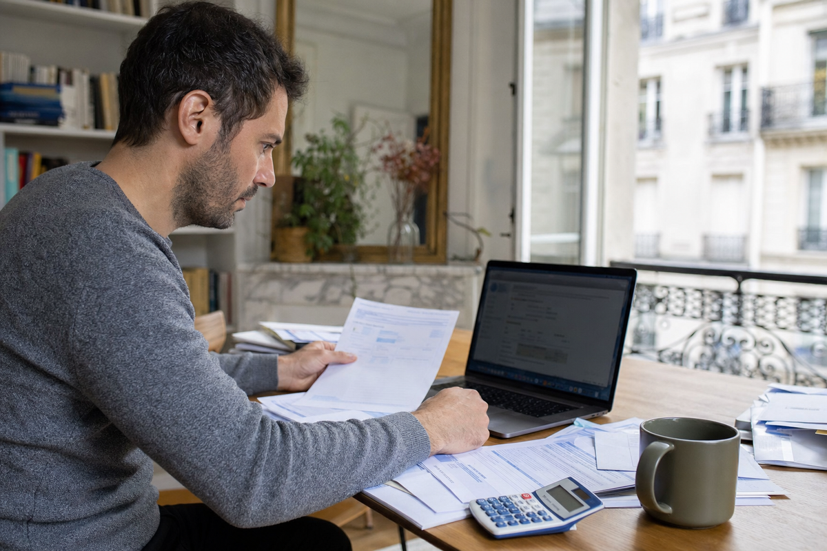 Personne consultant des documents fiscaux et un ordinateur portable a domicile dans une scene photojournalistique realiste en France