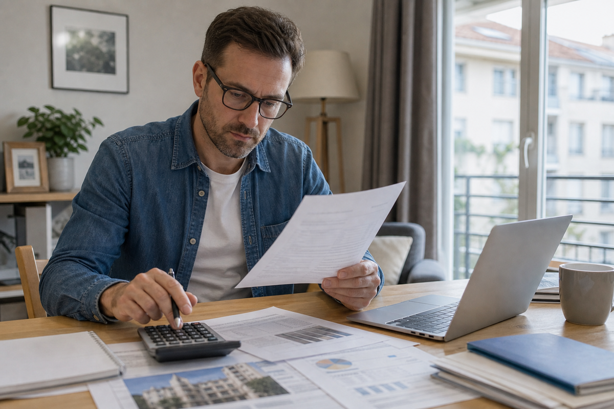 Particulier examinant un dossier de financement et son budget à domicile en France