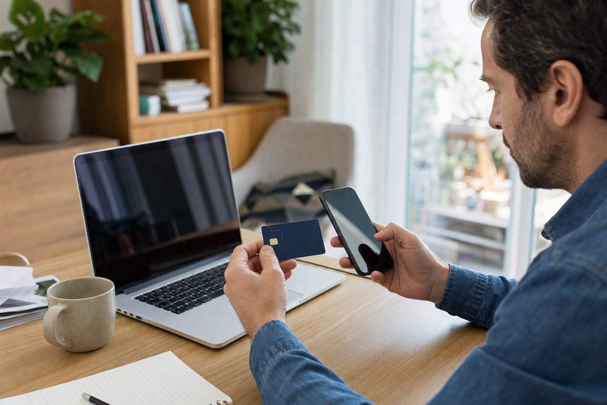 Personne consultant une application de paiement sur smartphone avec une carte et un ordinateur portable sur un bureau, scene photojournalistique realiste en France