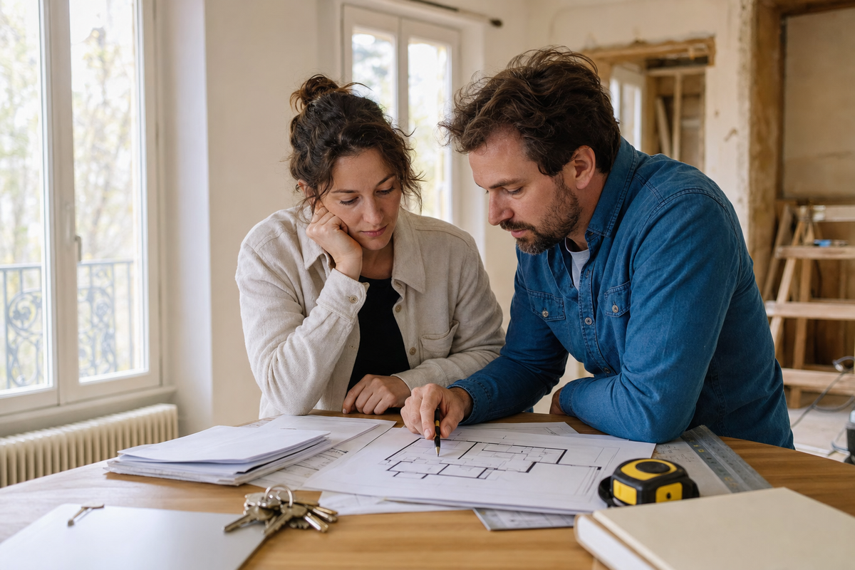 Photo d'un couple étudiant des plans de logement et des clés sur une table dans un appartement en rénovation