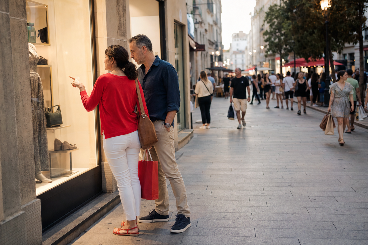 Photo de deux consommateurs observant une vitrine dans une rue commerçante française à l'approche des soldes d'été
