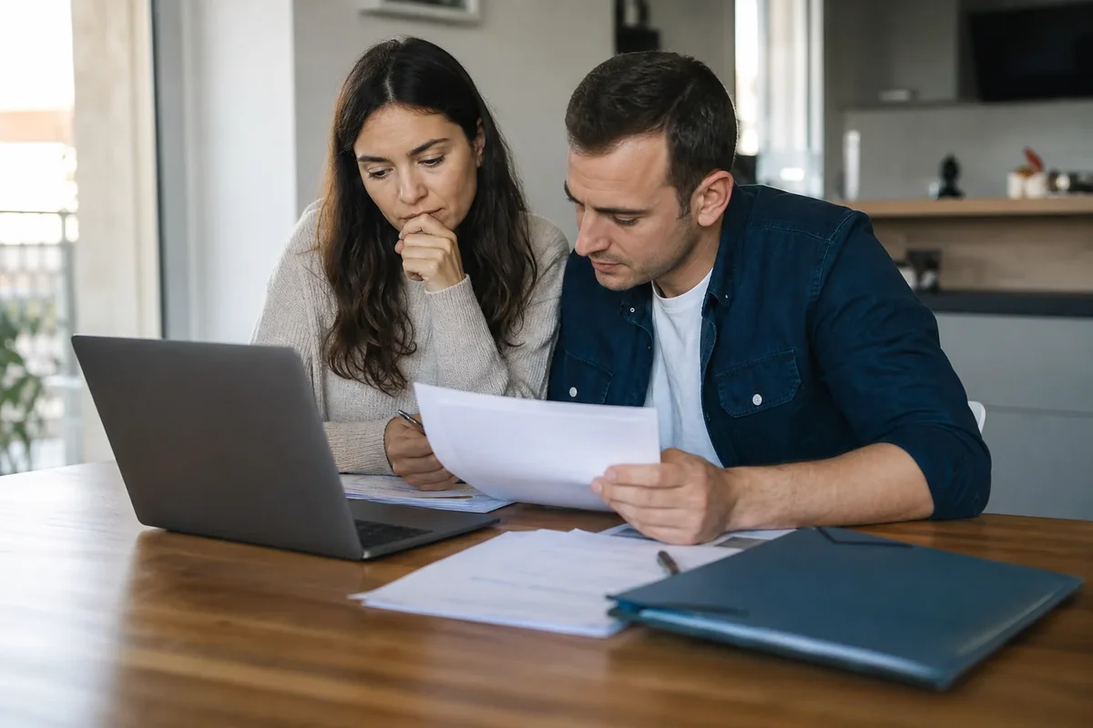 Couple consultant des documents liés aux aides au logement sur un ordinateur.