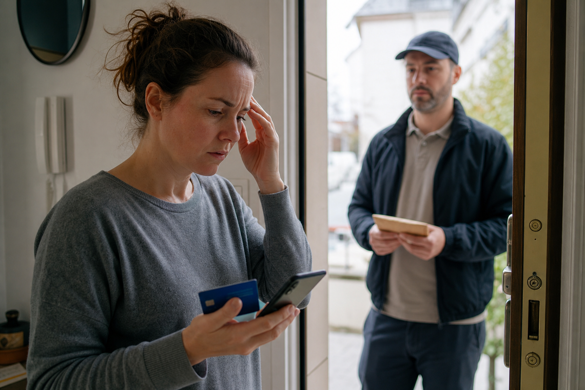 Un particulier en France consulte une alerte bancaire sur son smartphone pres de sa porte d'entree, face a un livreur generique, scene photojournalistique realiste sans logo ni texte lisible