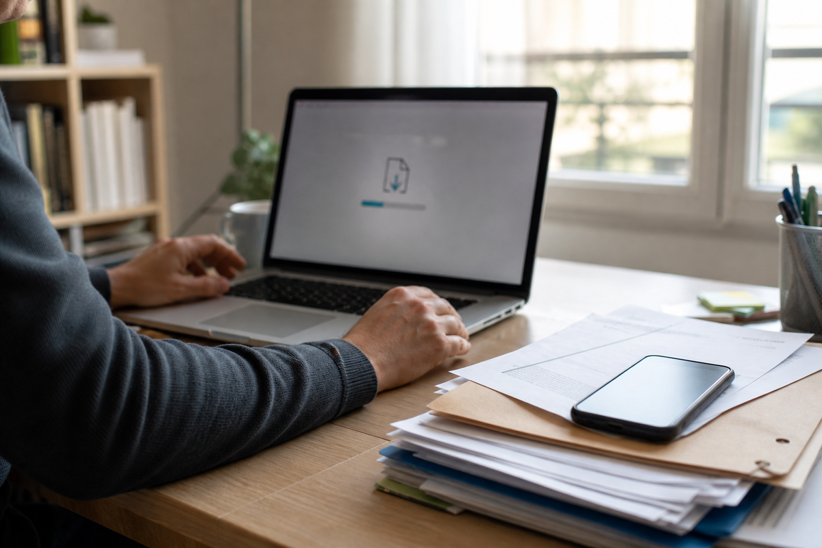 Photo d’une personne consultant un document administratif sur ordinateur portable, avec un dossier papier sur un bureau