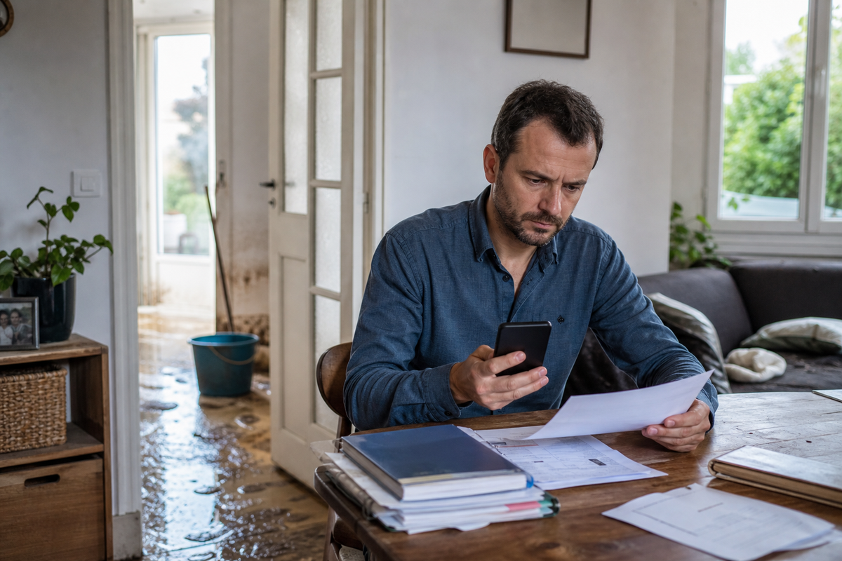 Proprietaire verifiant des documents d'assurance habitation apres une inondation dans une scene editoriale photojournalistique realiste en France