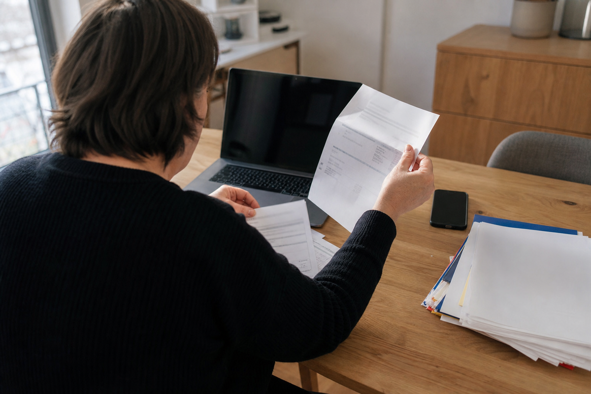 Personne vérifiant un contrat d’assurance et une lettre de réclamation sur une table, avec un ordinateur portable et un téléphone.