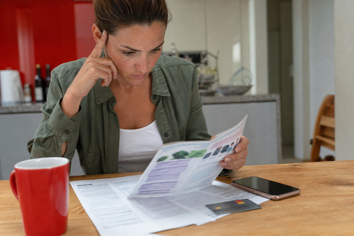 Personne consultant un contrat d’assurance moyens de paiement à côté d’une carte bancaire et d’un téléphone.