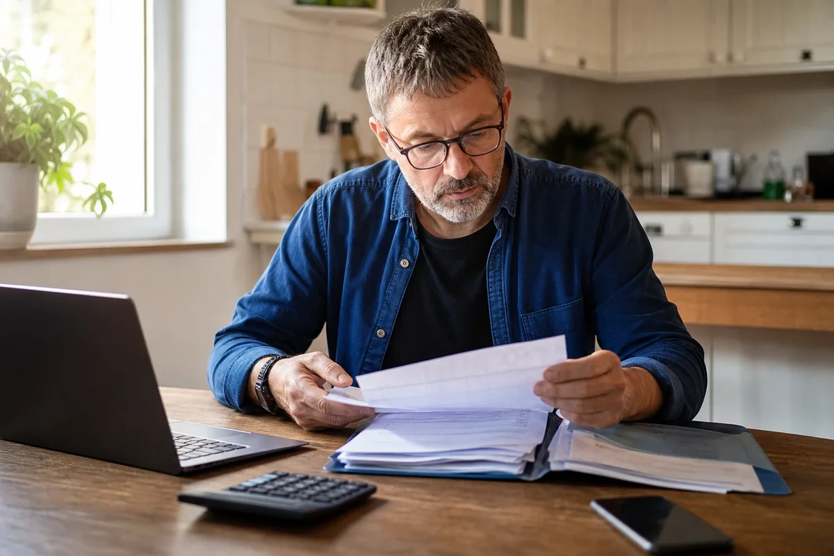 Personne en France relisant un contrat d’assurance-vie et comparant les frais sur des documents, avec calculatrice et ordinateur, lumière naturelle.
