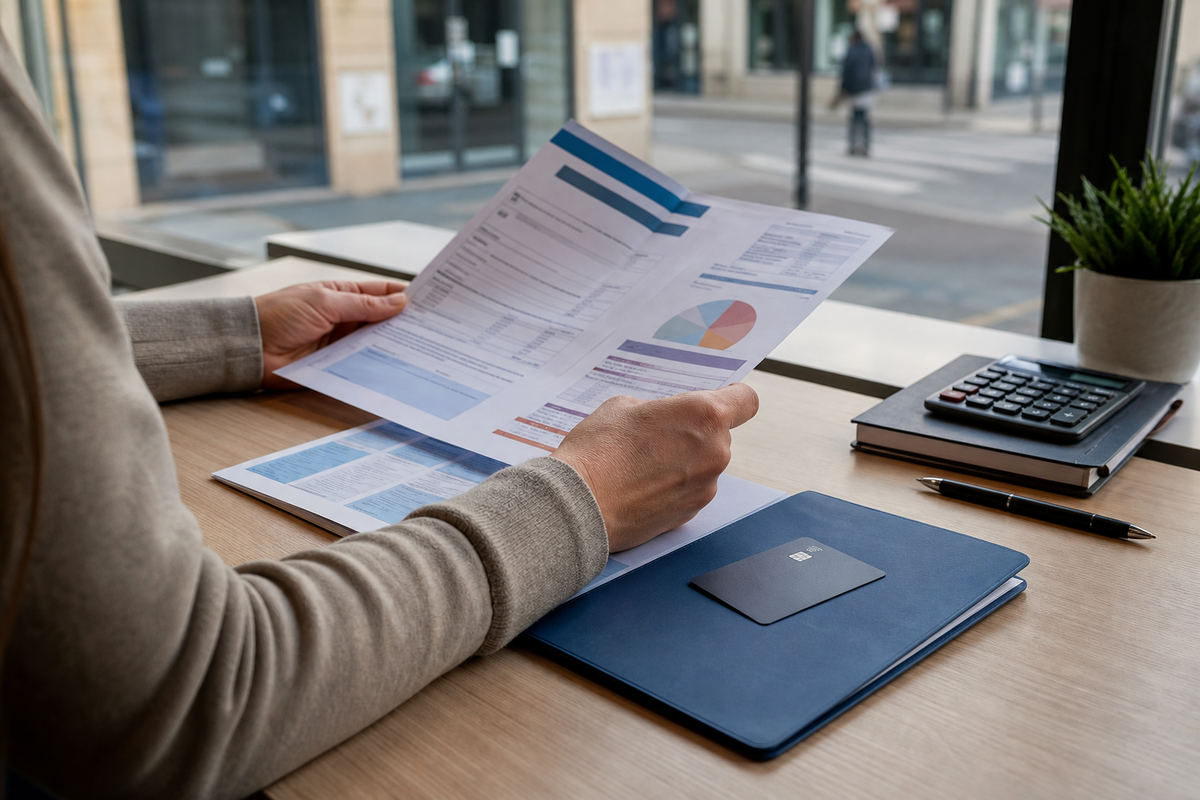 Client consultant des documents tarifaires bancaires dans une agence, scène générique sans marque