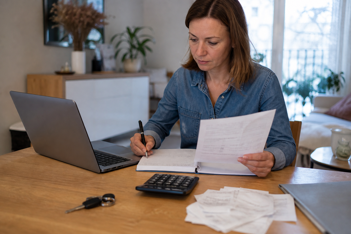 Photo d'une personne préparant sa déclaration d'impôts avec calculatrice et clés de voiture