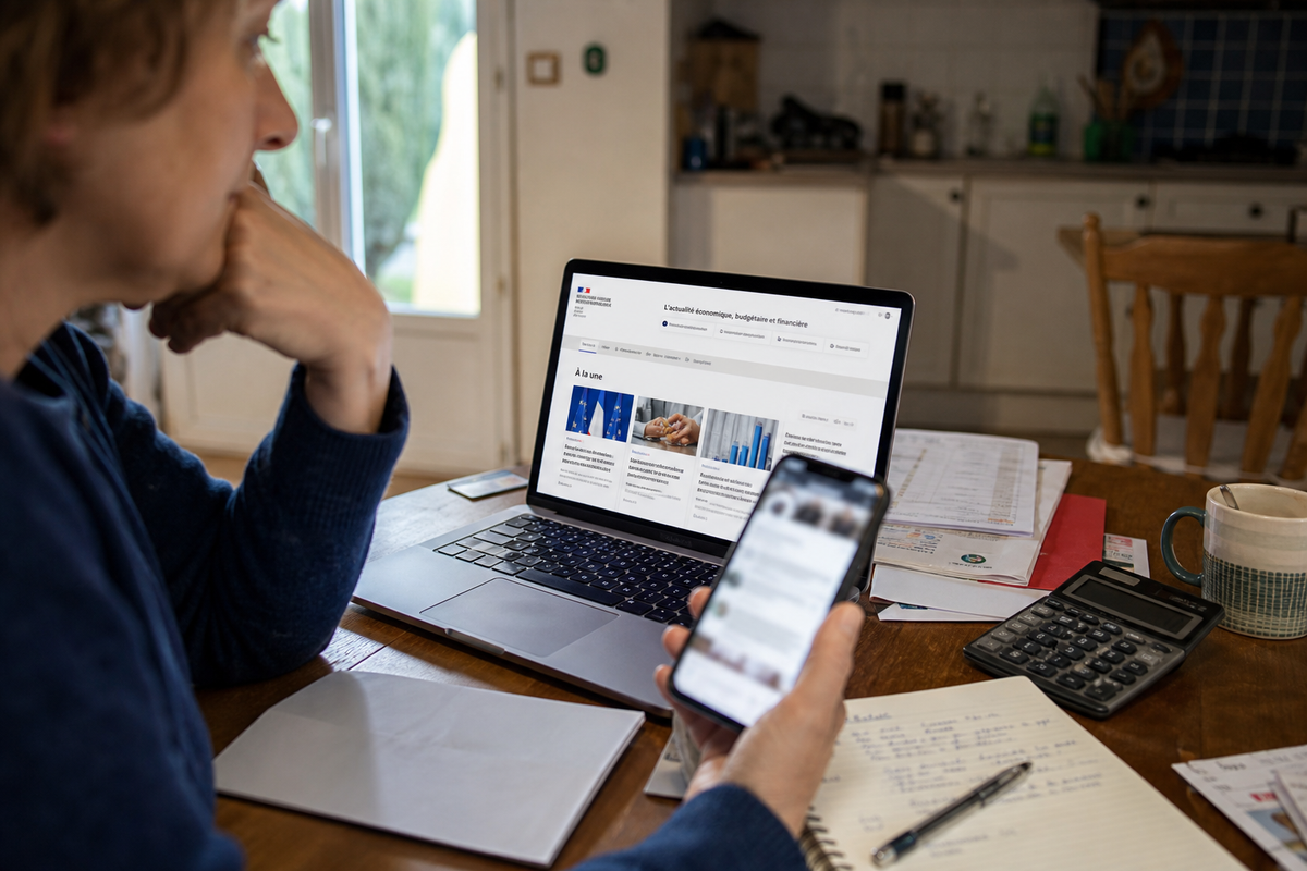 Photo d'une personne consultant des informations officielles sur ordinateur portable, avec un smartphone et des documents de budget sur une table