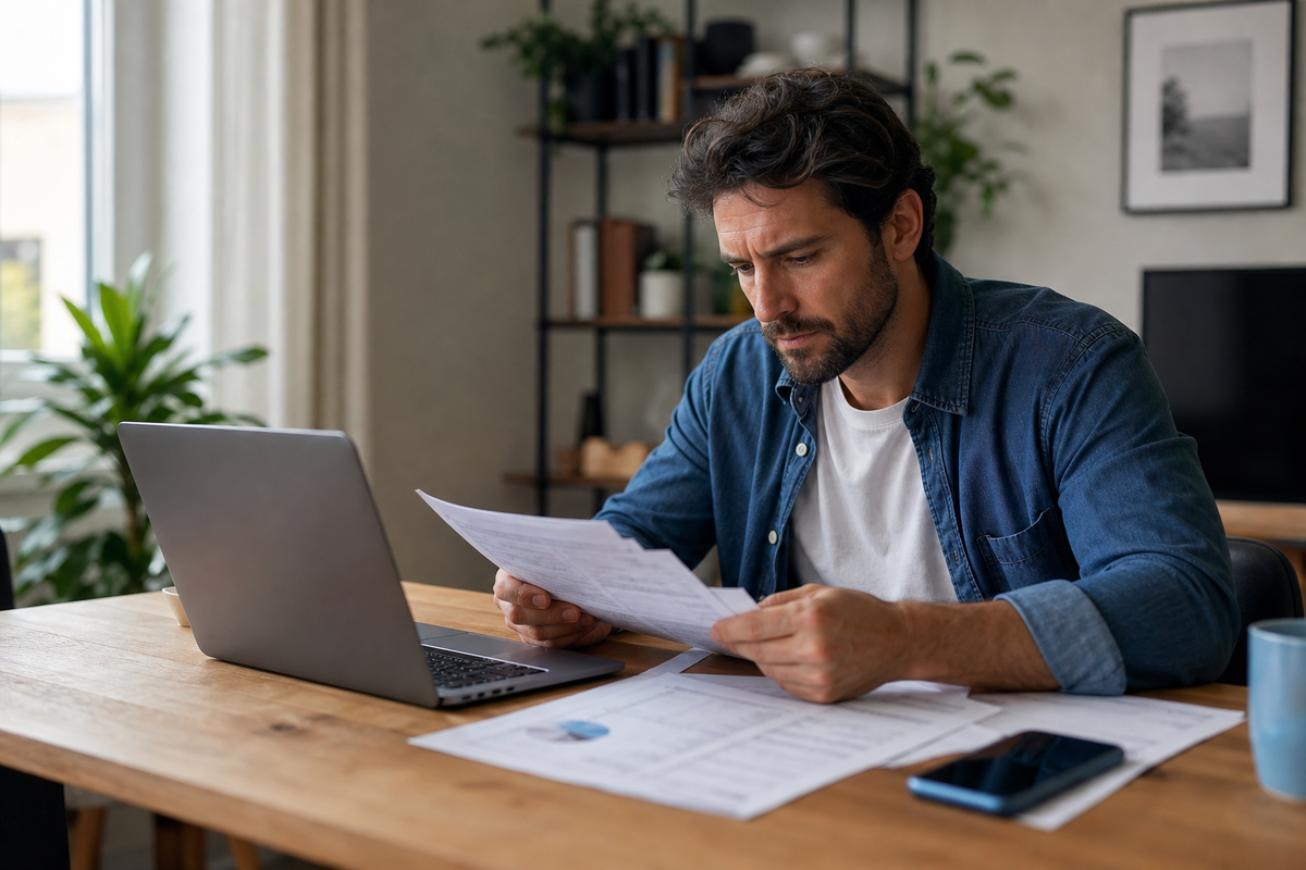 Client consultant des conditions tarifaires bancaires sur ordinateur avec documents imprimés, à domicile en France.