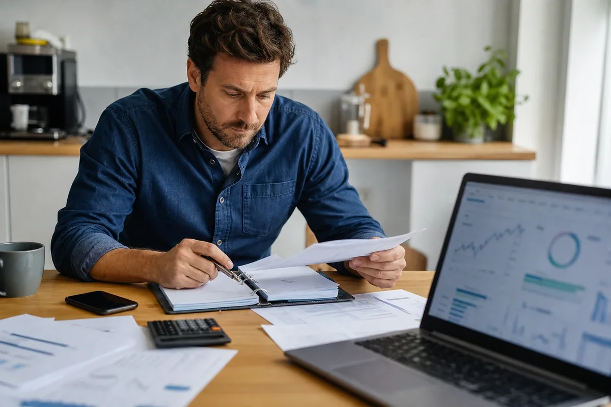 Personne en France examinant un dossier d’investissement en actions sur une table, ordinateur portable ouvert.