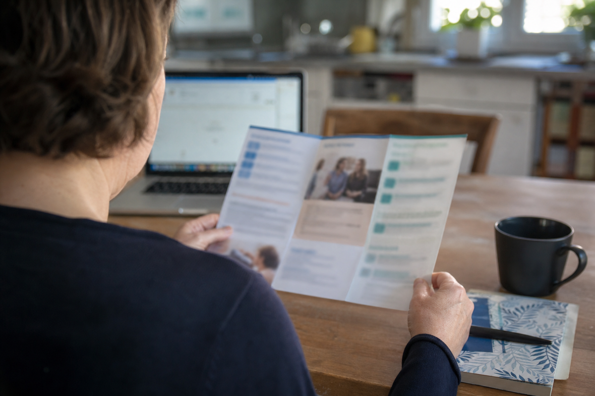 Photo éditoriale : consultation d'une brochure de tarifs bancaires (Banque BCP, particuliers, 2026)