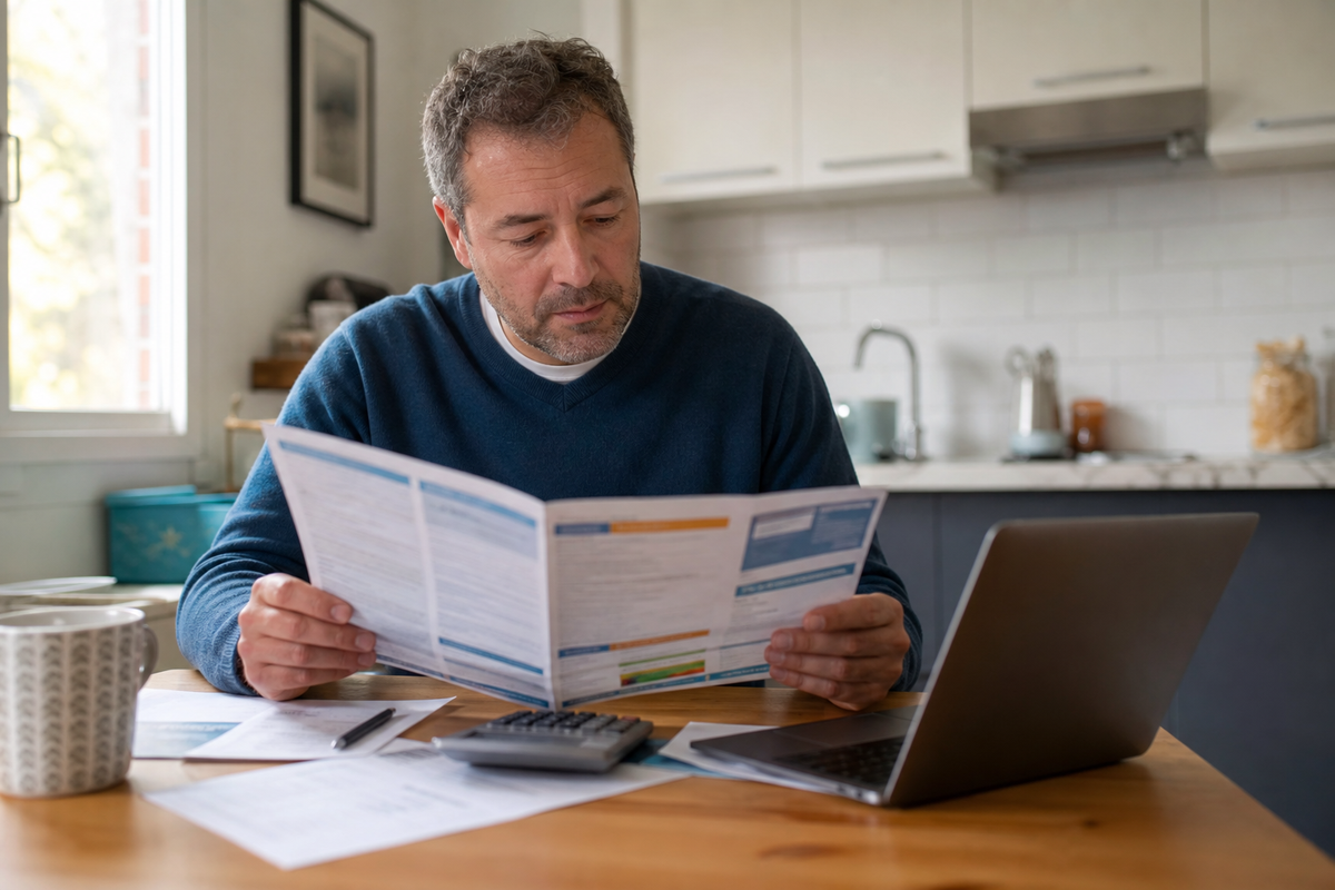 Particulier consultant une brochure tarifaire bancaire sur une table.