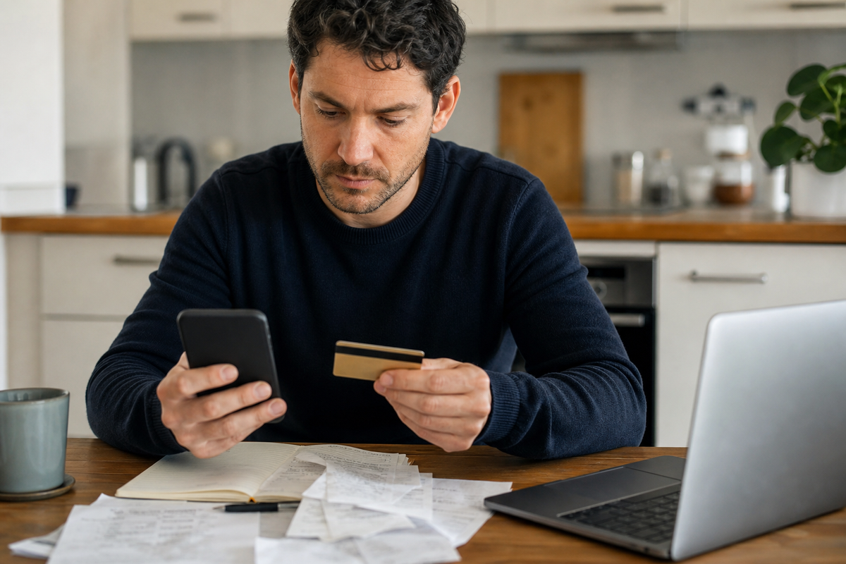 Particulier consultant son smartphone bancaire et une carte de paiement à une table, avec des documents et un ordinateur portable en arrière-plan.
