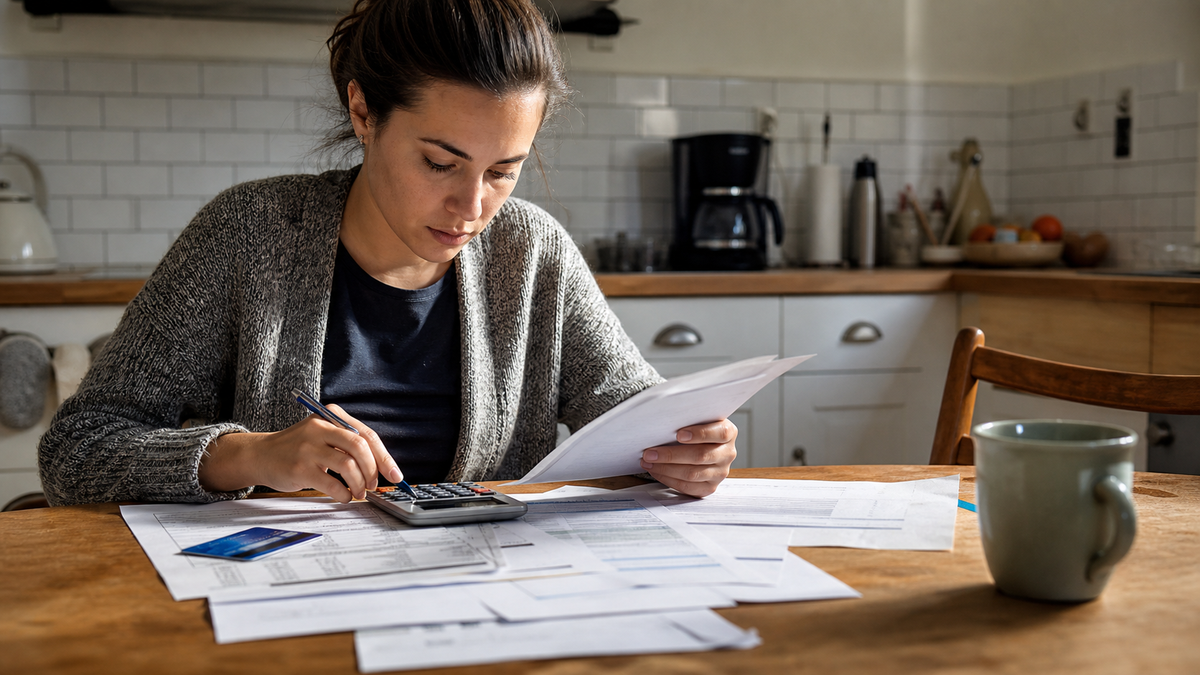 Personne comparant des frais bancaires avec une carte bancaire, des documents et une calculatrice sur une table.
